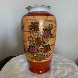 MCM Oriental Porcelin Vase Roses Floral Butterflies Gold Accent Great Condition.